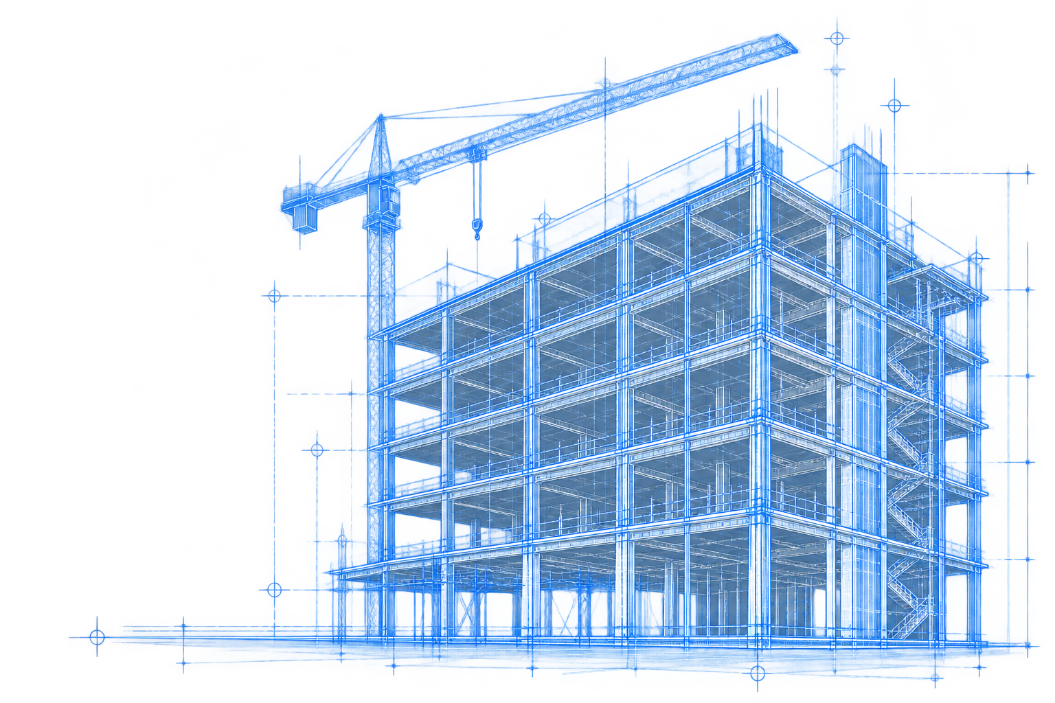 Detailed architectural blueprint of a six-story commercial structural frame, floor beams, columns, stair flights and tower crane